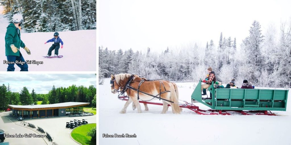 Image shows three photos: top left shows skiing at Falcon Ridge Ski Slopes. Bottom left shows a drone photo of Falcon Lake Golf Course's club house. Right image shows a sleigh ride at Falcon Beach Ranch. All make great Manitoba gifts.