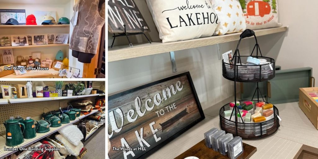 Image shows three photos: top left is shelves of items from Owl Wing Coffee House. Bottom left shows shelves of items from Lumber One Building Supplies. Right image shows items from The Woods at The Hotel At Falcon Lake. These are great places to discover Manitoba gifts.