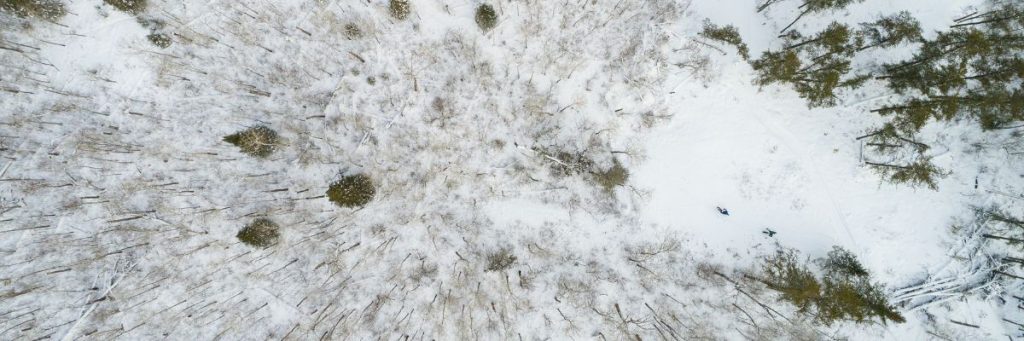 Image shows a drone photo overlooking a snowy forest with two people hiking, partaking in one of many incredible Whiteshell winter activities.