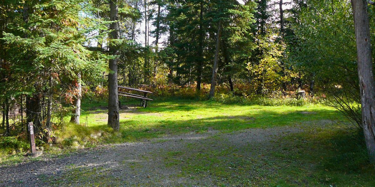 Treed, grassy campsite at Falcon Lake Beach Campground, one of the most popular Whiteshell campgrounds.